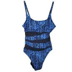 Shade & Shore Blue/Black Mesh Snakeskin One Piece Swimsuit Size Large